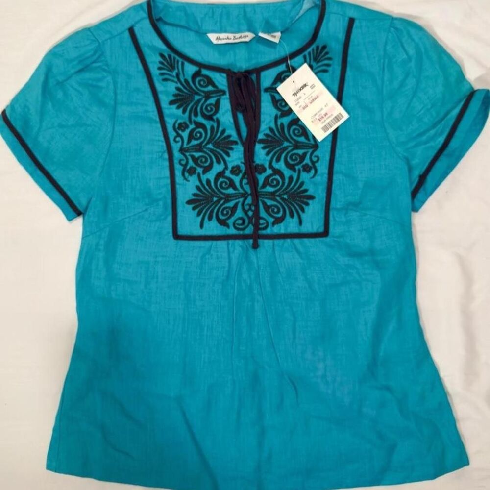 alexandra bartlett deadstock vintage turquoise embroidered peasant bluse size sm